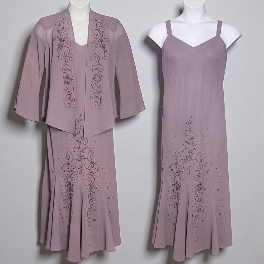 Vintage 90s Kathy Roberts Mauve Beaded Dress Jacket Set Mother of Bride Size 12
